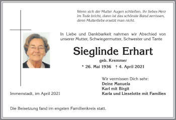 Traueranzeige von Sieglinde Erhart von Allgäuer Anzeigeblatt
