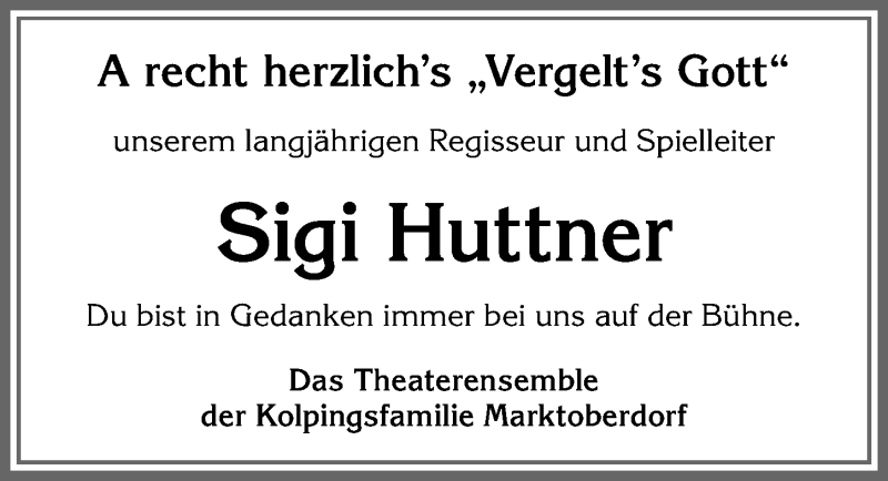  Traueranzeige für Sigi Huttner vom 30.04.2021 aus Allgäuer Zeitung, Marktoberdorf