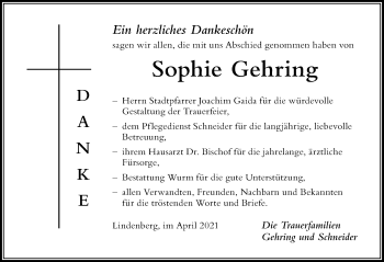 Traueranzeige von Sophie Gehring von Der Westallgäuer