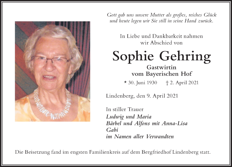  Traueranzeige für Sophie Gehring vom 09.04.2021 aus Der Westallgäuer