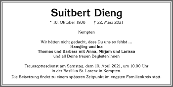 Traueranzeige von Suitbert Dieng von Allgäuer Zeitung,Kempten