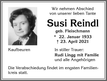 Traueranzeige von Susi Reindl von Allgäuer Zeitung, Kaufbeuren/Buchloe