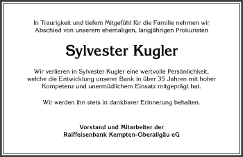 Traueranzeige von Sylvester Kugler von Allgäuer Zeitung,Kempten
