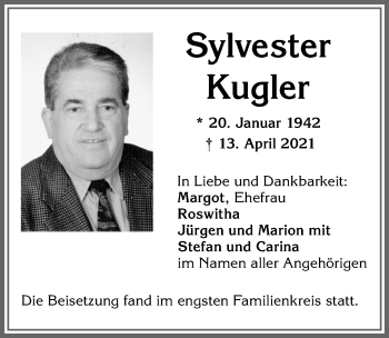 Traueranzeige von Sylvester Kugler von Allgäuer Zeitung,Kempten