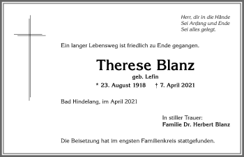Traueranzeige von Therese Blanz von Allgäuer Anzeigeblatt