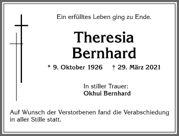 Traueranzeige von Theresia Bernhard von Allgäuer Zeitung,Kempten