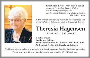 Traueranzeige von Theresia Hagensen von Allgäuer Zeitung, Kaufbeuren/Buchloe