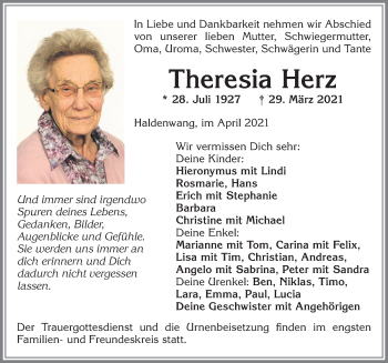Traueranzeige von Theresia Herz von Allgäuer Zeitung,Kempten
