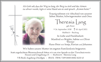 Traueranzeige von Theresia Lang von Allgäuer Zeitung, Füssen