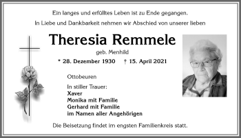 Traueranzeige von Theresia Remmele von Memminger Zeitung