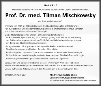 Traueranzeige von Tilman Mischkowsky von Allgäuer Zeitung,Kempten