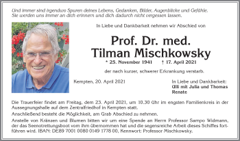 Traueranzeige von Tilman Mischkowsky von Allgäuer Zeitung, Gesamtausgabe