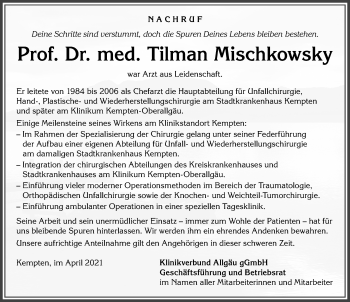 Traueranzeige von Tilman Mischkowsky von Allgäuer Anzeigeblatt