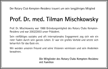 Traueranzeige von Tilman Mischkowsky von Allgäuer Zeitung,Kempten