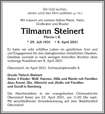 Traueranzeige von Tilmann Steinert von Allgäuer Anzeigeblatt
