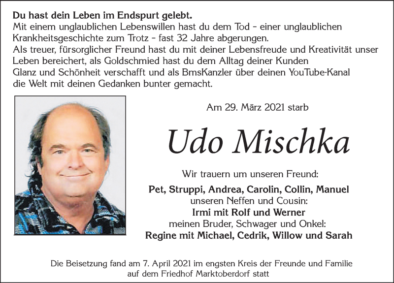  Traueranzeige für Udo Mischka vom 10.04.2021 aus Allgäuer Zeitung, Marktoberdorf
