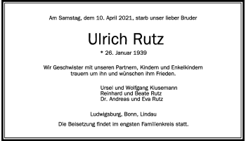 Traueranzeige von Ulrich Rutz von Der Westallgäuer