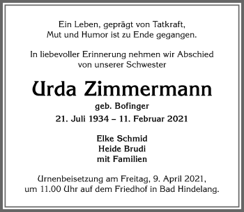 Traueranzeige von Urda Zimmermann von Allgäuer Anzeigeblatt