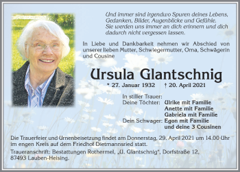 Traueranzeige von Ursula Glantschnig von Allgäuer Zeitung,Kempten