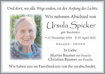 Traueranzeige von Ursula Spicker von Allgäuer Zeitung, Marktoberdorf