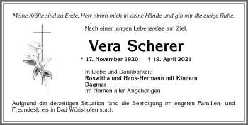 Traueranzeige von Vera Scherer von Allgäuer Zeitung, Kaufbeuren/Buchloe