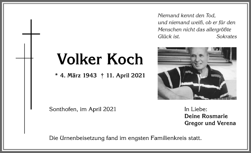  Traueranzeige für Volker Koch vom 30.04.2021 aus Allgäuer Anzeigeblatt