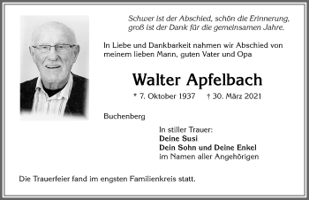 Traueranzeige von Walter Apfelbach von Allgäuer Zeitung,Kempten