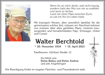 Traueranzeige von Walter Berchtold von Allgäuer Zeitung, Kaufbeuren/Buchloe