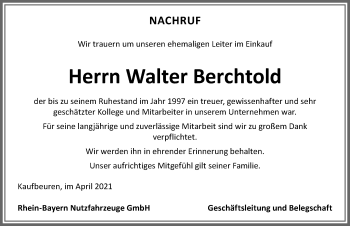 Traueranzeige von Walter Berchtold von Allgäuer Zeitung, Kaufbeuren/Buchloe