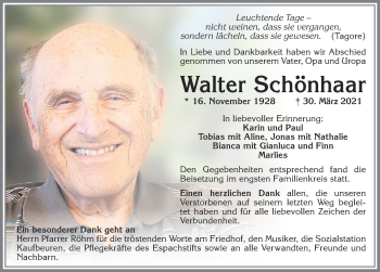 Traueranzeige von Walter Schönhaar von Allgäuer Zeitung, Kaufbeuren/Buchloe