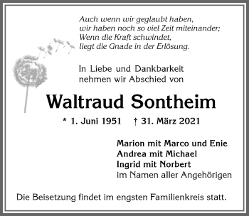 Traueranzeige von Waltraud Sontheim von Allgäuer Anzeigeblatt