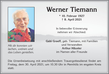 Traueranzeige von Werner Tiemann von Allgäuer Zeitung,Kempten