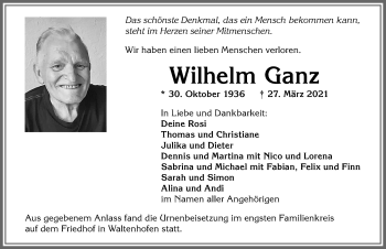 Traueranzeige von Wilhelm Ganz von Allgäuer Zeitung,Kempten
