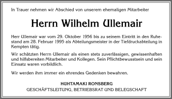 Traueranzeige von Wilhelm Ullemair von Allgäuer Zeitung