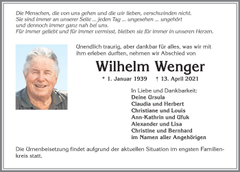 Traueranzeige von Wilhelm Wenger von Allgäuer Zeitung,Kempten