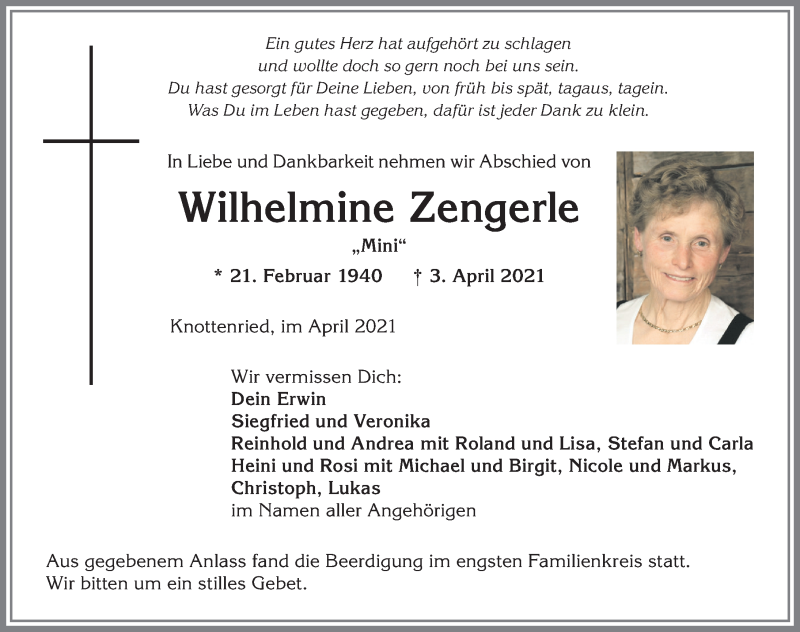  Traueranzeige für Wilhelmine Zengerle vom 10.04.2021 aus Allgäuer Anzeigeblatt