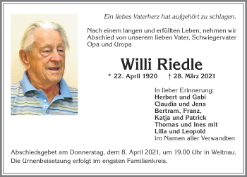 Traueranzeige von Willi Riedle von Allgäuer Zeitung,Kempten