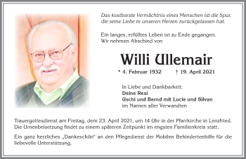 Traueranzeige von Willi Ullemair von Allgäuer Zeitung,Kempten