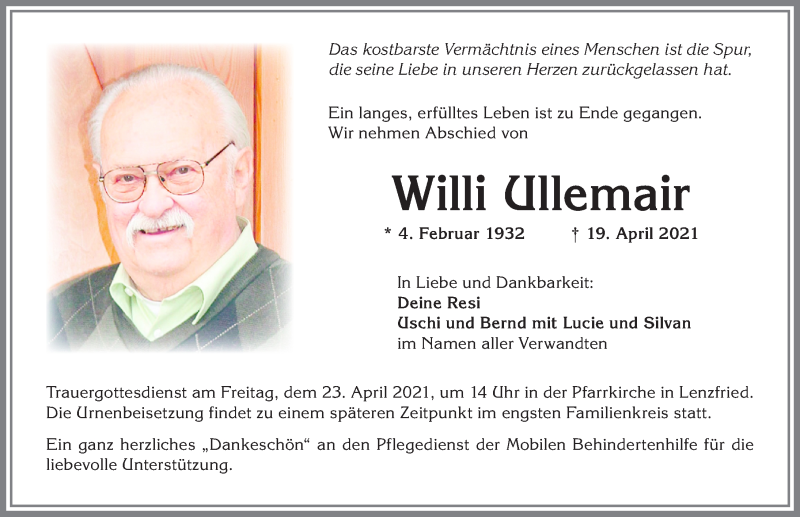  Traueranzeige für Willi Ullemair vom 21.04.2021 aus Allgäuer Zeitung,Kempten