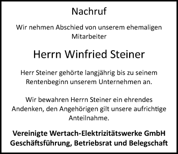 Traueranzeige von Winfried Steiner von Allgäuer Zeitung, Marktoberdorf