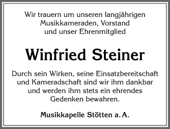 Traueranzeige von Winfried Steiner von Allgäuer Zeitung, Marktoberdorf