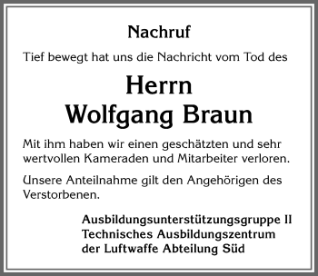 Traueranzeige von Wolfgang Braun von Allgäuer Zeitung, Kaufbeuren/Buchloe