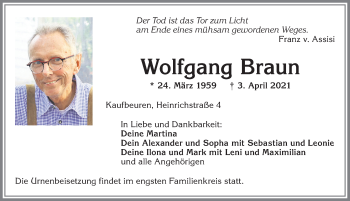 Traueranzeige von Wolfgang Braun von Allgäuer Zeitung, Kaufbeuren/Buchloe