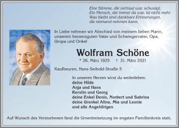 Traueranzeige von Wolfram Schöne von Allgäuer Zeitung, Kaufbeuren/Buchloe