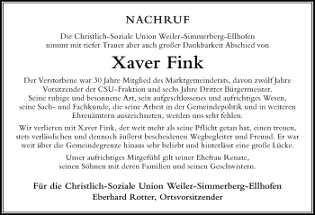 Traueranzeige von Xaver Fink von Der Westallgäuer