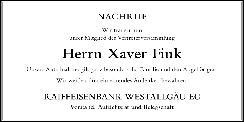  Traueranzeige für Xaver Fink vom 14.04.2021 aus Der Westallgäuer