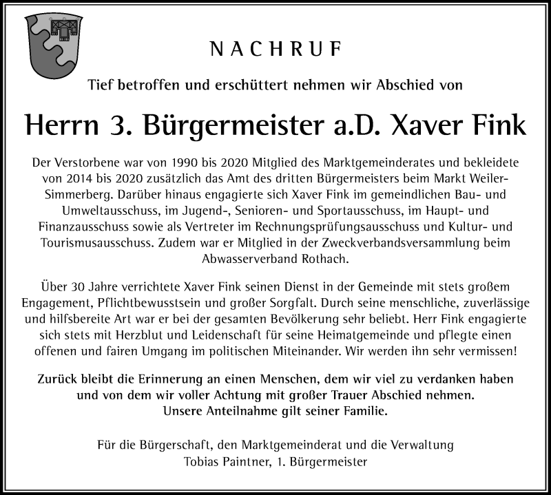  Traueranzeige für Xaver Fink vom 13.04.2021 aus Der Westallgäuer