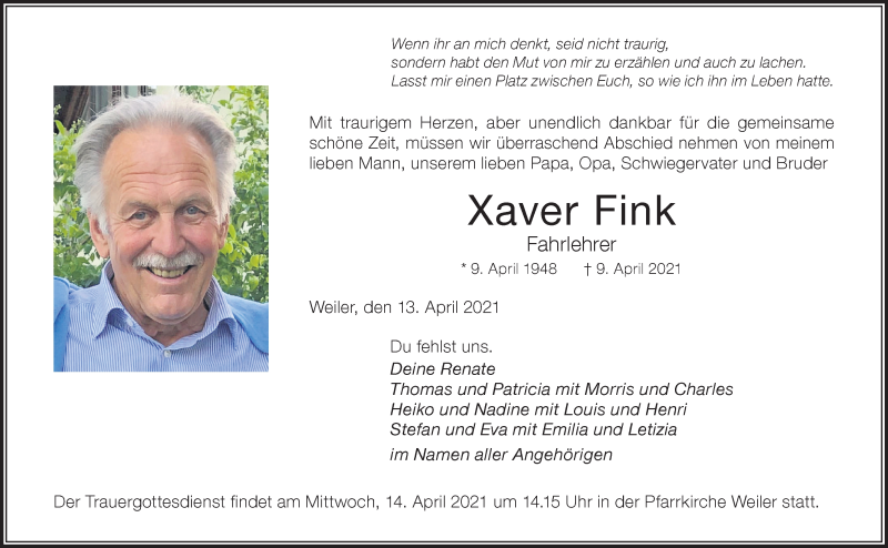  Traueranzeige für Xaver Fink vom 13.04.2021 aus Der Westallgäuer