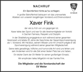 Traueranzeige von Xaver Fink von Der Westallgäuer
