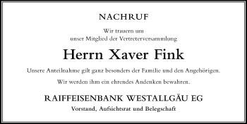 Traueranzeige von Xaver Fink von Der Westallgäuer